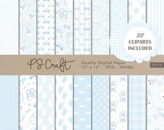 Soft Blue Baby Boy Digital Papers, SEAMLESS Baby Shower Digital Paper, Baby Blue Patterns Backgrounds, Blue Invitation, SEAMLESS Pattern