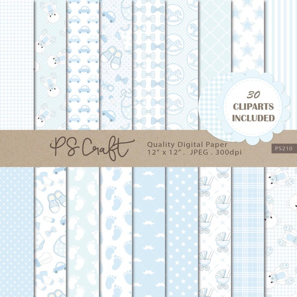 Papiers numériques bleu doux pour bébé garçon, papier numérique SEAMLESS Baby Shower, arrière-plans à motifs bleu bébé, invitation bleue, motif SANS COUTURE