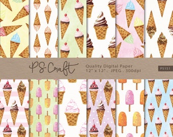 Watercolor Ice Cream Digital Paper, SEAMLESS Summer Ice Cream Background, Ice Cream Invitation, Sweet, Summer Instant Download