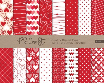 Valentine&#39;s Digital Paper, SEAMLESS Valentine&#39;s Papers, Red Digital Paper, Hearts Digital Paper, Scrapbook Paper, Seamless Patterns