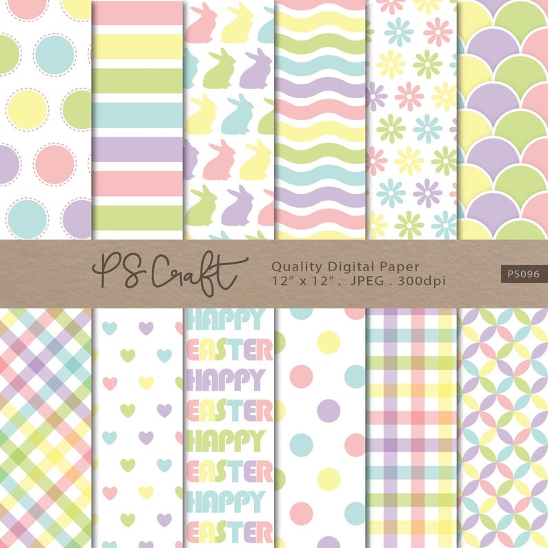 May include: A set of 12 digital papers featuring various Easter-themed patterns in pastel colors. The patterns include polka dots, stripes, bunny silhouettes, waves, flowers, and geometric shapes. The papers are 12 inches by 12 inches and 300 dpi.