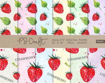 Watercolor Strawberry Digital Papers, SEAMLESS Strawberry Digital Paper, Valentine's Day Papers | JPEG | PNG