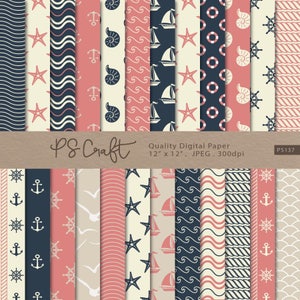 Nautical digital papers, Seamless Ocean Digital Paper, Navy Blue and Coral NAUTICAL Patterns, Sea Background