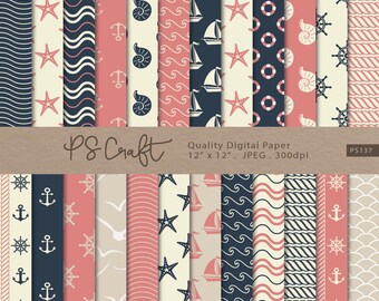 Nautical Digital Paper Pack, Coral & Navy Blue, Ocean Theme (Digital Download)