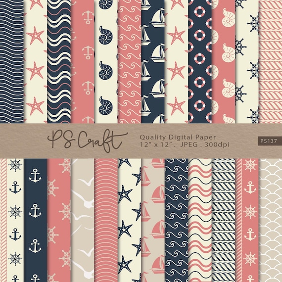 Nautical Digital Paper Pack, Coral & Navy Blue, Ocean Theme (Digital Download)