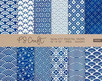 Seamless Indigo Blue Japanese Pattern Digital Paper, Watercolor Navy Blue Pattern, Japanese Scrapbooking Paper