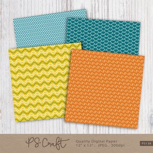Puede incluir: Conjunto de cuatro dise&ntilde;os de papel digital con patrones geom&eacute;tricos en azul verdoso, amarillo y naranja. Los patrones incluyen ondas, cuerda y escamas. Los papeles digitales miden 30,5 cm por 30,5 cm y 300 dpi.