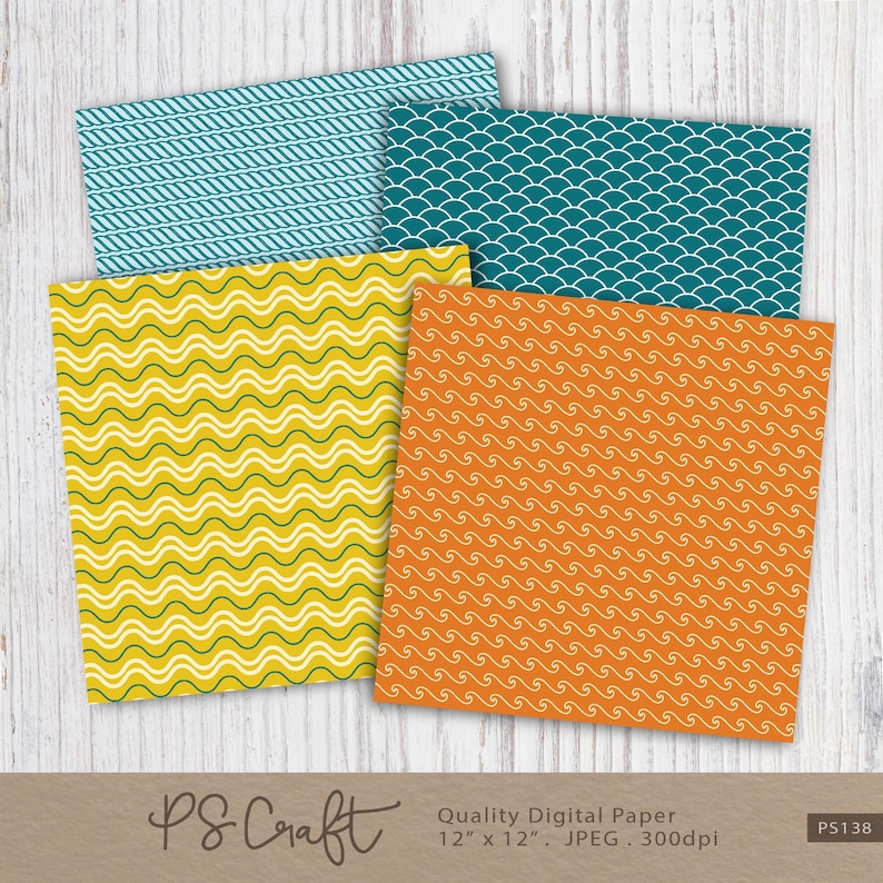 Puede incluir: Conjunto de cuatro dise&ntilde;os de papel digital con patrones geom&eacute;tricos en azul verdoso, amarillo y naranja. Los patrones incluyen ondas, cuerda y escamas. Los papeles digitales miden 30,5 cm por 30,5 cm y 300 dpi.