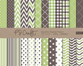 Baby Green Digital Papers, SEAMLESS New Baby Shower Digital Paper, Baby Green Patterns Backgrounds, Green and Brown Invitation Paper