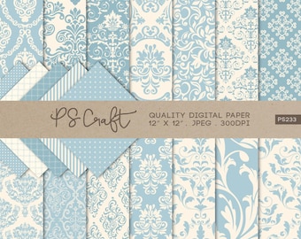 Blue Damask Digital Paper, Vintage Seamless Pattern (Instant Download)