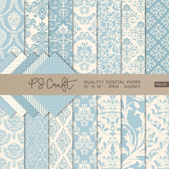 scrapbook 14 digital papers for background Damask Blue and Gold Background Limoge invitations decorations