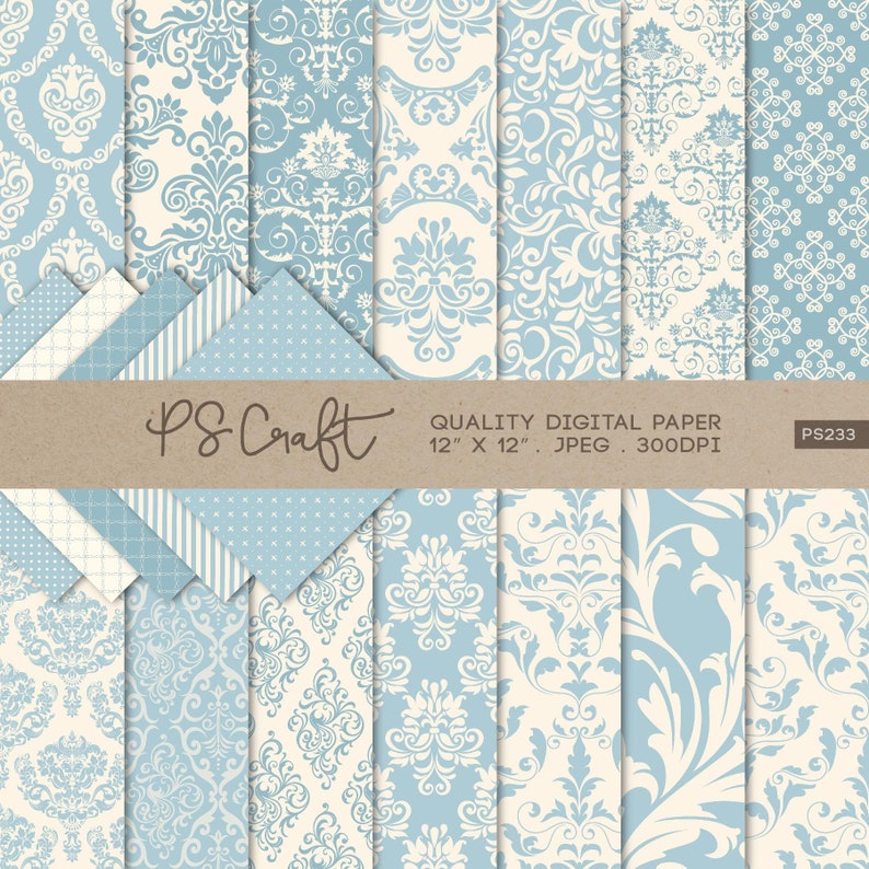 Blue Damask Digital Papers, SEAMLESS Vintage Blue Damask Papers, Damask