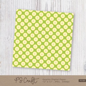 May include: A digital paper pattern featuring a repeating design of yellow circles with a brown outline on a green background. The pattern is 12 inches by 12 inches and is 300 dpi.