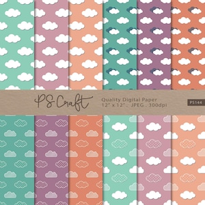 May include: A set of 12 digital papers featuring a cloud pattern in various colors, including teal, pink, orange, and purple. The papers are 12 inches by 12 inches and 300 dpi.