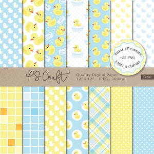 Quietscheente, NAHTLOSES digitales Papier in Gelb und Blau mit Blasen, Quietscheente Clipart - Baby Shower