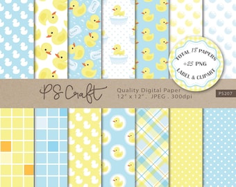 Rubber Duck Digital Paper, SEAMLESS Yellow and Blue Digital Papers with Bubbles, Rubber Ducky Clipart - Baby Shower