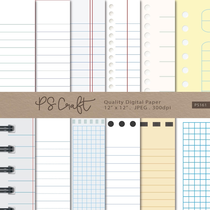 May include: Set of 10 digital paper backgrounds in various styles, including lined, grid, and plain. The papers are 12 inches by 12 inches and 300 dpi.  The text "PS Craft" and "Quality Digital Paper" is included in the image.