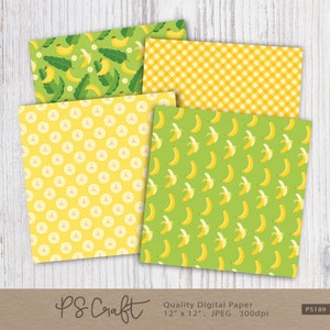 May include: Set of four digital paper designs featuring banana patterns. The designs include yellow bananas on a green background, yellow polka dots on a yellow background, yellow and white gingham pattern, and yellow bananas on a green background with leaves.