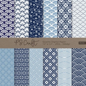 Carta digitale con motivo giapponese, motivo Sashiko blu senza cuciture, motivi giapponesi stampabili - Download immediato