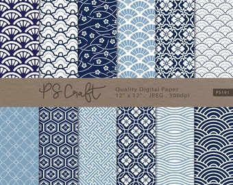 Japanese Pattern Digital Paper, SEAMLESS Blue Sashiko Pattern, Japanese Patterns Printable - Instant Download