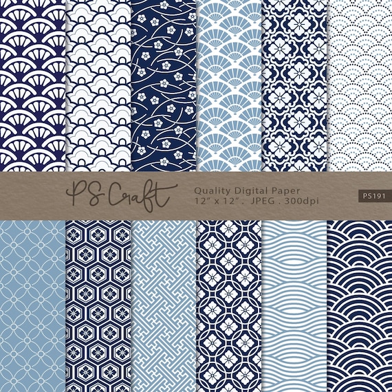 Japanese Pattern Digital Paper, SEAMLESS Blue Sashiko Pattern