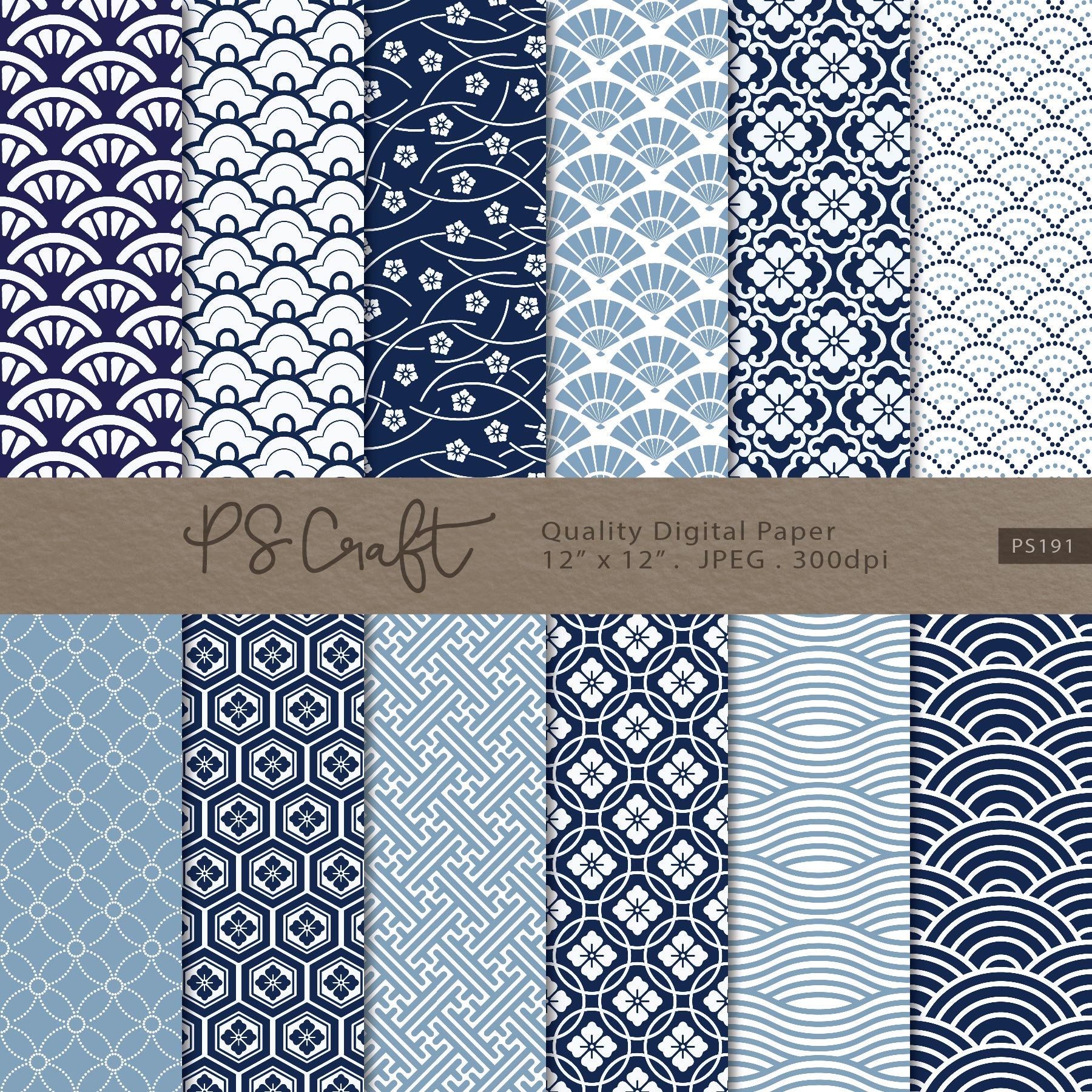 Japanese Pattern Digital Paper, SEAMLESS Blue Sashiko Pattern, Japanese Patterns Printable - Instant Download
