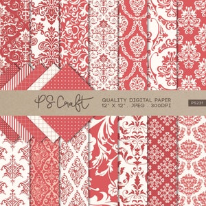 Red Damask Digital Papers, SEAMLESS Red Damask Papers, Damask Pattern, Scrapbook paper - Instant Download