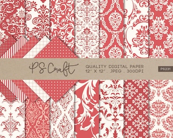 Red Damask Digitales Papier, Scrapbook Papier (Instant Download)