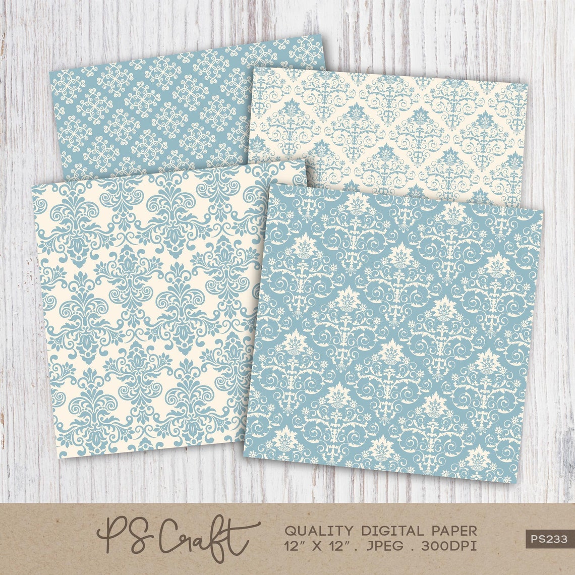 Blue Damask Digital Papers SEAMLESS Vintage Blue Damask Etsy