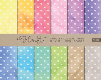 Watercolor Hearts Digital Paper, Seamless Valentine Scrapbook Backgrounds (Digital Download)
