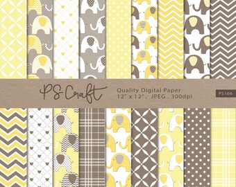 Elephant Digital Papers, SEAMLESS "Baby Yellow & Beige" Elephant Background, Baby Shower Paper Pack, Yellow Invitation