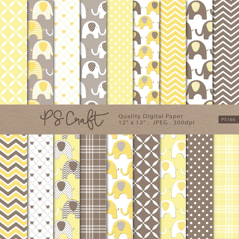May include: A collection of digital paper sheets with various patterns. Designs include yellow and gray elephants, polka dots, chevrons, hearts, and geometric shapes. The text "PS Craft Quality Digital Paper 12" x 12" JPEG 300dpi" is visible.