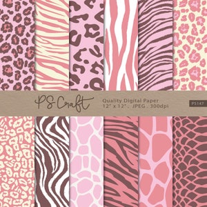 Pink Animal Print Digital Paper, Seamless Pink Safari Background, Zebra, Leopard, Tiger, Giraffe Seamless Pattern
