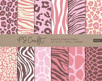 Pink Animal Print Digital Paper, Seamless Pink Safari Background, Zebra, Leopard, Tiger, Giraffe Seamless Pattern