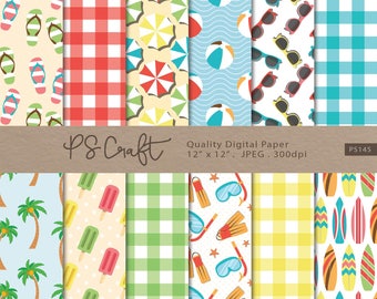 Seamless Summer Digital Paper, Beach Patterns (Digital Download)