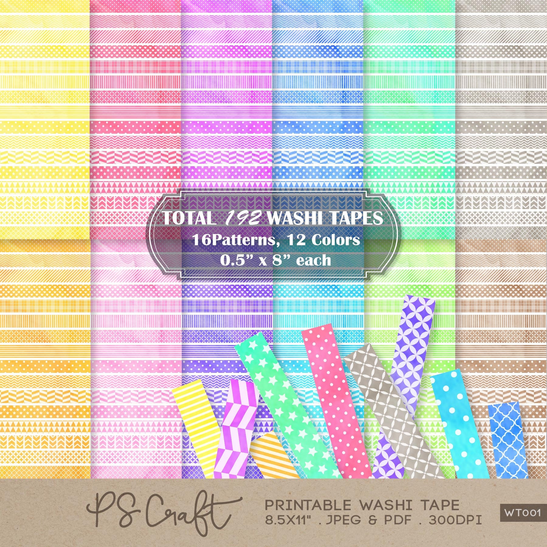 Watercolor Printable Washi Tape | Decorative Washi Tape for Planners ...
