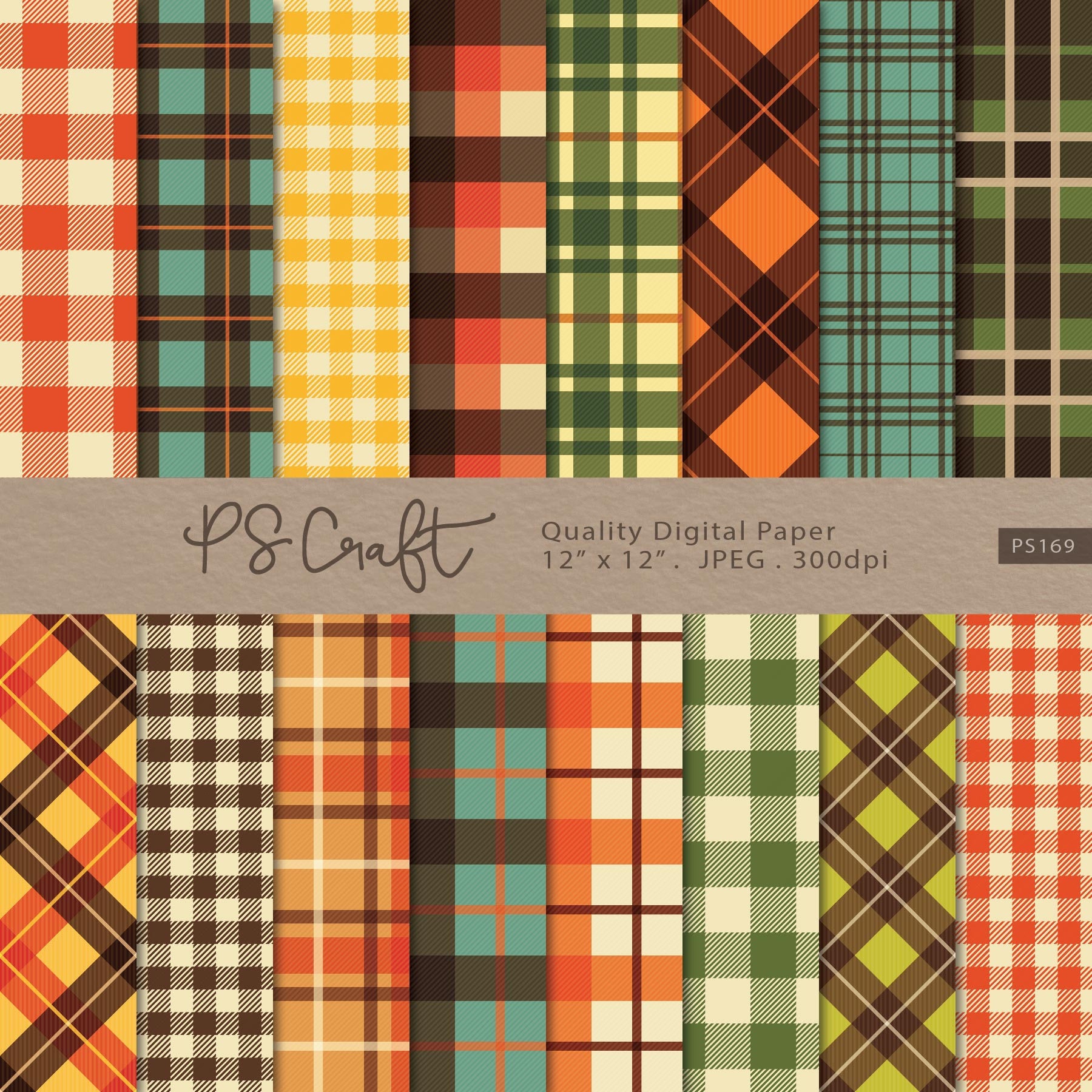 Autumn Plaid Digital Paper, SEAMLESS Fall Plaid Background
