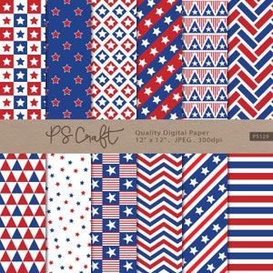Patriotic digital papers, Seamless Independence day Digital Paper, 4th July Digital Paper, Navy Blue Red Pattern