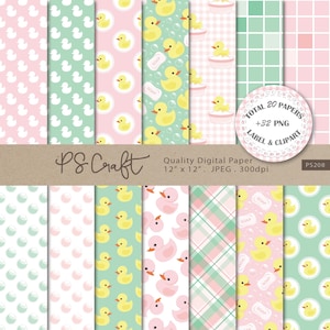 Papel digital de pato de borracha, papéis digitais sem costura rosa e menta com bolhas, clipart de patinho de borracha - chá de bebê