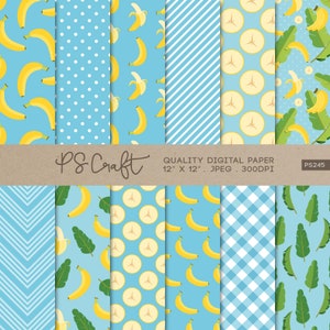 Banana Digital Paper, SEAMLESS Banana Pattern, Tropical Banana Background, Blue Scrapbook Paper, Seamless Pattern