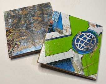 Handmade Upcycled skateboard coasters made by Duque Skate Art set of two