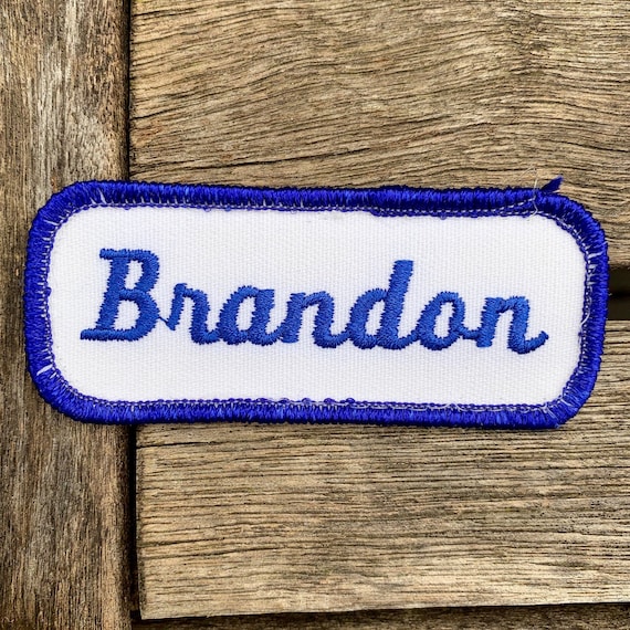 IRON ON NAME PATCH BLUE ON WHITE BRANDON NEW EMBROIDERED SEW