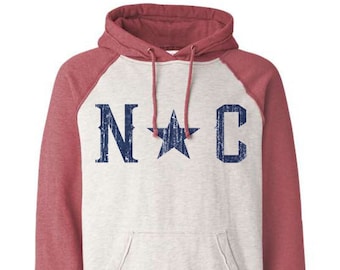 North Carolina Star Hippy Hoodie, Unisex, Oatmeal and Red