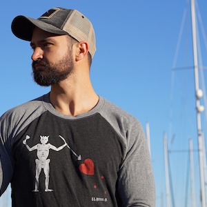 Blackbeard Pirate Flag Baseball Tee, Black and Grey