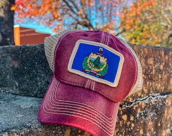 Vermont Flag Patch Trucker Hat, Brick Red