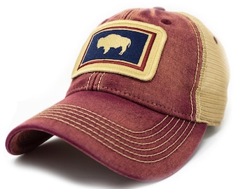 Wyoming Flag Patch Trucker Hat, Brick Red