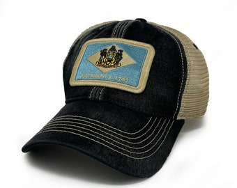 Delaware Flag Patch Trucker Hat, Black