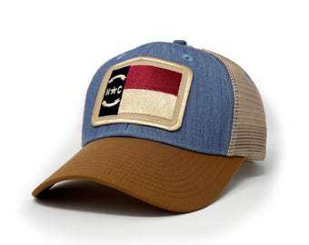 NEW North Carolina Flag Patch Trucker Hat, Structured, Outerbanks Blue