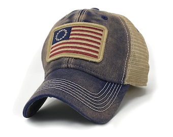Betsy Ross USA Flag Patch Trucker Hat, Navy