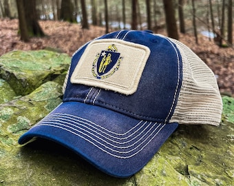 Massachusetts Flag Patch Trucker Hat, Navy